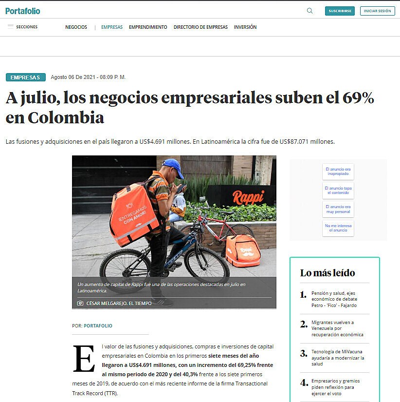 A julio, los negocios empresariales suben el 69% en Colombia